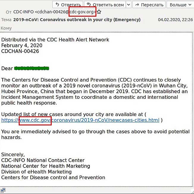 Cybercriminals sent this coronavirus phishing email, which was designed to look like it came from the U.S. Centers for Disease Control and Prevention. Courtesy of Kapersky.